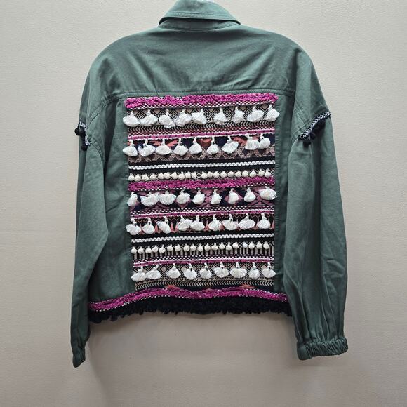 Zara Trf Collection Embroidered Back Tassel Fringe Jacket Olive Green Size Small - Picture 2 of 7